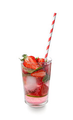 Glass of fresh strawberry mojito with straw isolated on white background