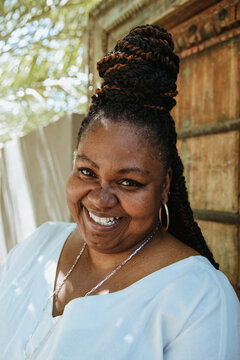 close up of plus size African American woman's face