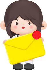3d Cute girl holding a message notification concept pose in businesswoman office worker employee style. PNG cartoon design.