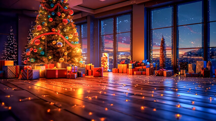 Christmas Tree and Gifts Placed Inside a Room, Generative AI