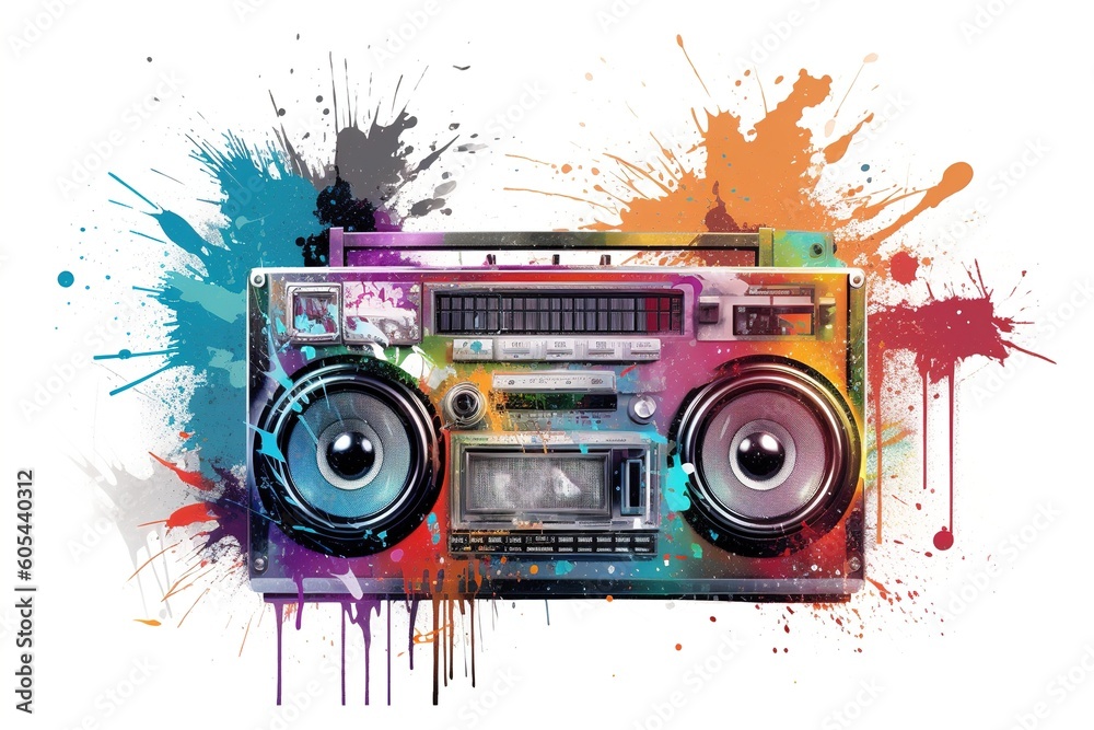 Poster retro tape recorder with paint splatter isolated on white background. Generated by AI.