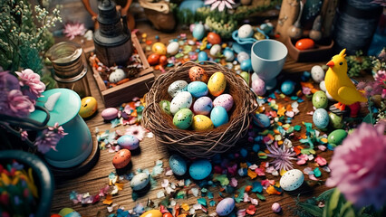 Fototapeta na wymiar Eggs and Easter Decorations Surrounded by Blooming Flowers, Generative AI