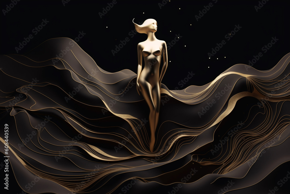 Wall mural Dark and sexy woman body silhouette standing on golden dunes. 3D modern art mural wallpaper with matte black background. Dark landscape background. Minimalistic style. Generative AI