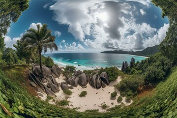 360 view of La Digue Island, Seychelles. Generative AI