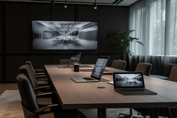 Panoramic view of a corporate meeting room with a laptop. Generative AI