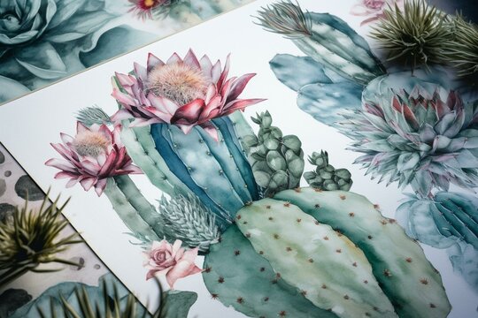Watercolor cacti prints in tropical arrangements, borders, and frames. Generative AI