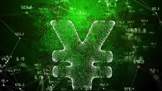 3D hologram of japanese yen icon on green background with plexus lines and dots. Values of financial indicators of stock exchange are constantly changing. Abstract space motion graphics.