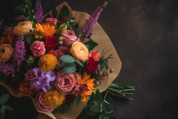 Colorful floral bouquet on a neutral brown background. Generative AI