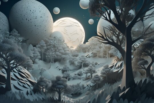 A Surreal Landscape Paper Cut With Trees, Clouds, And A Full Moon. Illustration Of A Storybook World With An Environmental Message. Generative AI