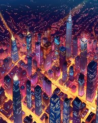 City skyline at night illuminated by bright lights. Generative AI