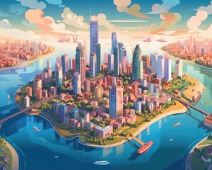 Colorful city skyline on the riverside. Generative AI - obrazy, fototapety, plakaty