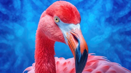 The photo depicts a close-up of a realistic, emotive flamingo. (Generative AI)