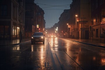 City street in heavy rain. Generative AI