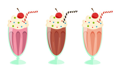 Set of different milkshakes. Vector illustration isolated on a white background.