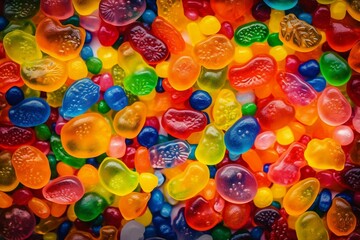 Fototapeta na wymiar A delightful background made of rainbow-colored jelly candies. Generative AI
