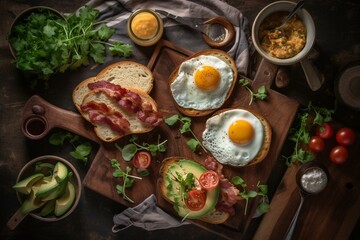 Fototapeta na wymiar Healthy breakfast with bacon, eggs, avocado toast, and salad. Paleo diet. Top view. Generative AI