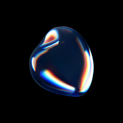 3d glass liquid abstract, fluid shape with holographic effect isolated on black background. Render of transparent glass circle liquid object, soap water bubble with reflection. 3d vector illustration
