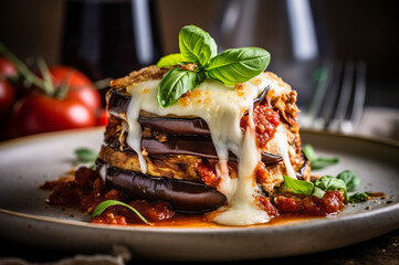 Delicious eggplant parmigiana featuring layers of fried eggplant slices baked with cheese and tomato sauce. Generative AI.