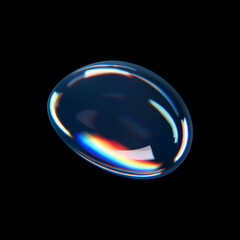 3d glass liquid abstract, fluid shape with holographic effect isolated on black background. Render of transparent glass circle liquid object, soap water bubble with reflection. 3d vector illustration