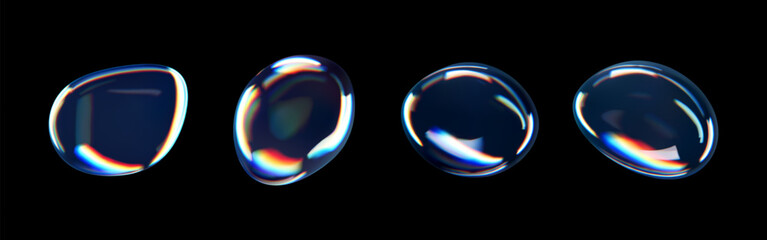 3d glass liquid abstract, fluid shape with holographic effect isolated on black background. Render of transparent glass circle liquid object, soap water bubble with reflection. 3d vector illustration