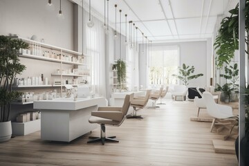 Modern spa and beauty salon interior with hair and nail services. 3D illustration on a white background. Generative AI - obrazy, fototapety, plakaty