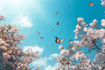 Fototapeta na wymiar Springtime nature scene with blue sky and fluttering butterflies. Generative AI