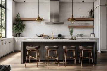 Fototapeta na wymiar Stylish modern farmhouse kitchen with marble chairs, decor, and gray stools. Generative AI