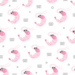 Cute pink shrimp vector seamless pattern. Sea life childish flat cartoon background.