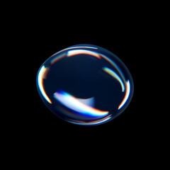 3d glass liquid abstract, fluid shape with holographic effect isolated on black background. Render of transparent glass circle liquid object, soap water bubble with reflection. 3d vector illustration