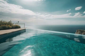 Bright summer day by the infinity pool overlooking the sea during a vacation. Generative AI