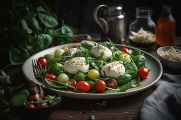 Fototapeta na wymiar A plate of healthy salad with mozzarella, vegetables and herbs. Generative AI
