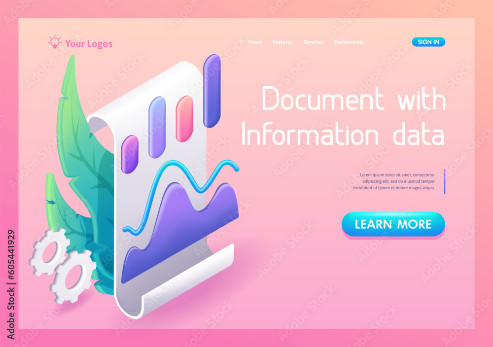 Canvas Prints 3d isometric, cartoon. paper document with information data, graphs and diagrams. trending landing p