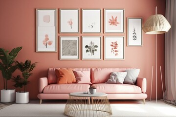 A wall mockup with six frames in pastel pink and orange colors in a modern living room with furniture and plants. Generative AI