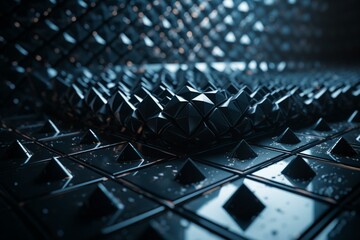 Futuristic surface with tetrahedrons. Abstract 3D background in black. Generative AI