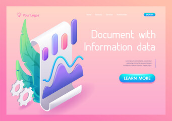 3D Isometric, cartoon. Paper document with information data, graphs and diagrams. Trending Landing Page