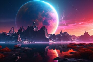 Illustration of a planet with blue, purple, and red horizon. Background wallpaper. Generative AI