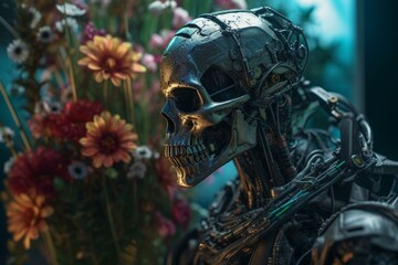 Obraz na płótnie Canvas Cyberpunk skeleton wears flower, Android Jones' art. Generative AI