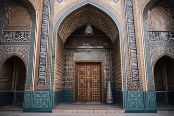 Entrance door of mosque with stunning architecture and decoration. Generative AI