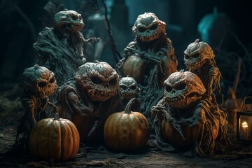 Group of frightening pumpkin creatures. Generative AI