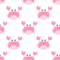 Obraz premium Cute pink crab vector seamless pattern. Sea life childish flat cartoon background.