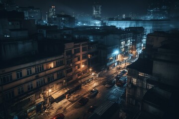 Dramatic urban landscape captured at night. Generative AI