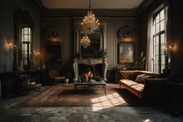 Sophisticated lounge with grand fireplace. Generative AI