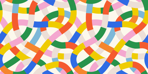 Fun colorful line doodle seamless pattern. Creative abstract style art background for children or trendy design with stripe shapes. Simple childish scribble backdrop.