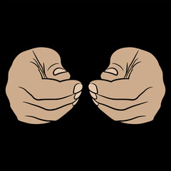 Front view of two human hands with folded in fist fingers. Cartoon style. On black background.