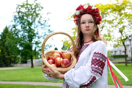 beautiful ukrainian girl in a red wreath with basket of apples harvesting ukrainian woman in vyshyvanka traditional cross-stitch on white shirt loose hair lips with bow in nature eat delicious apples