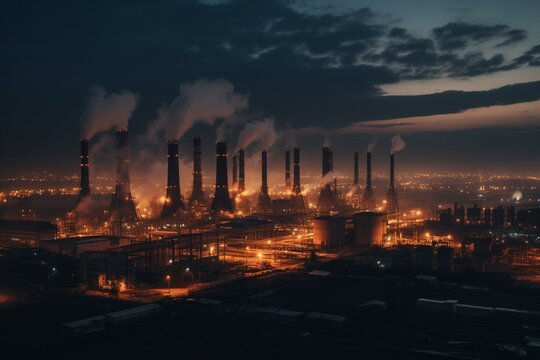 Massive smoking industrial chimneys during dusk. Generative AI
