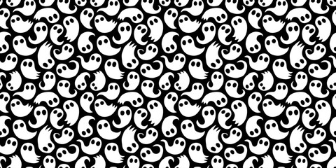 Halloween ghost cartoon seamless pattern illustration. Black and white october holiday spirit character background. Scary autumn party wallpaper texture of funny ghosts doodle print.