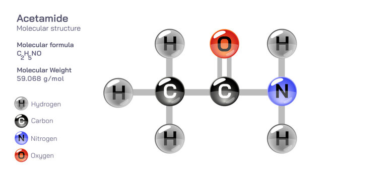 acetamide molecular structure formula. Periodic table structural molecular formula Vector design. Pharmaceutical compounds and composition. Easily printable product with correct CPK colour.