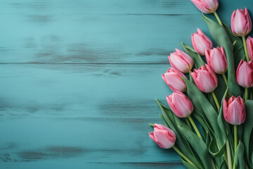Pink tulips on a blue wooden background. Moher's day, women's day, anniversary easter background with copy space. High quality photo Generative AI