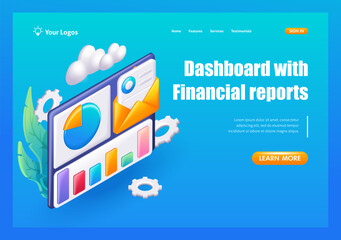 3D Isometric, cartoon. New email with reports. Data analytics, dashboard and business finance report. Trending Landing Page